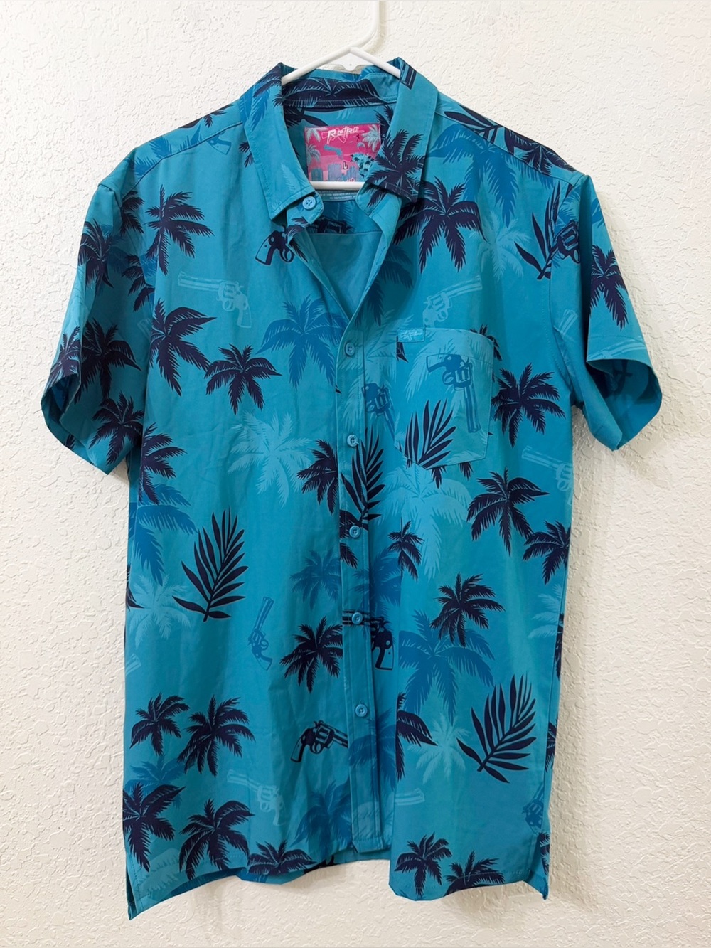 Retro Rifle Vice City Teal Palm Print Short-Sleeve Button-Down Shirt - L